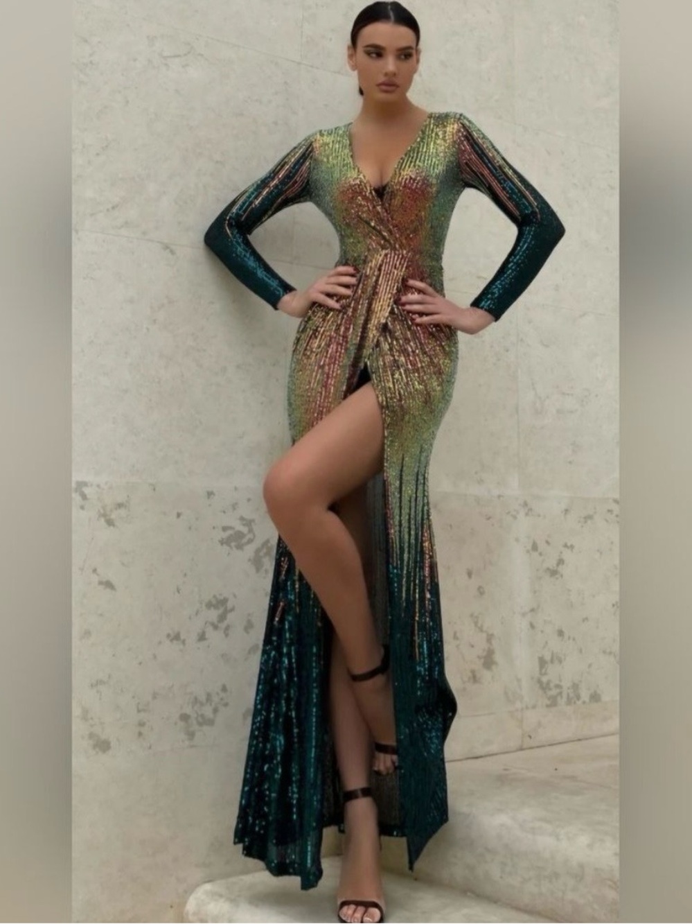 Fashion Nova Multi-Color Sequin V-Neck Maxi Dress with High Slit